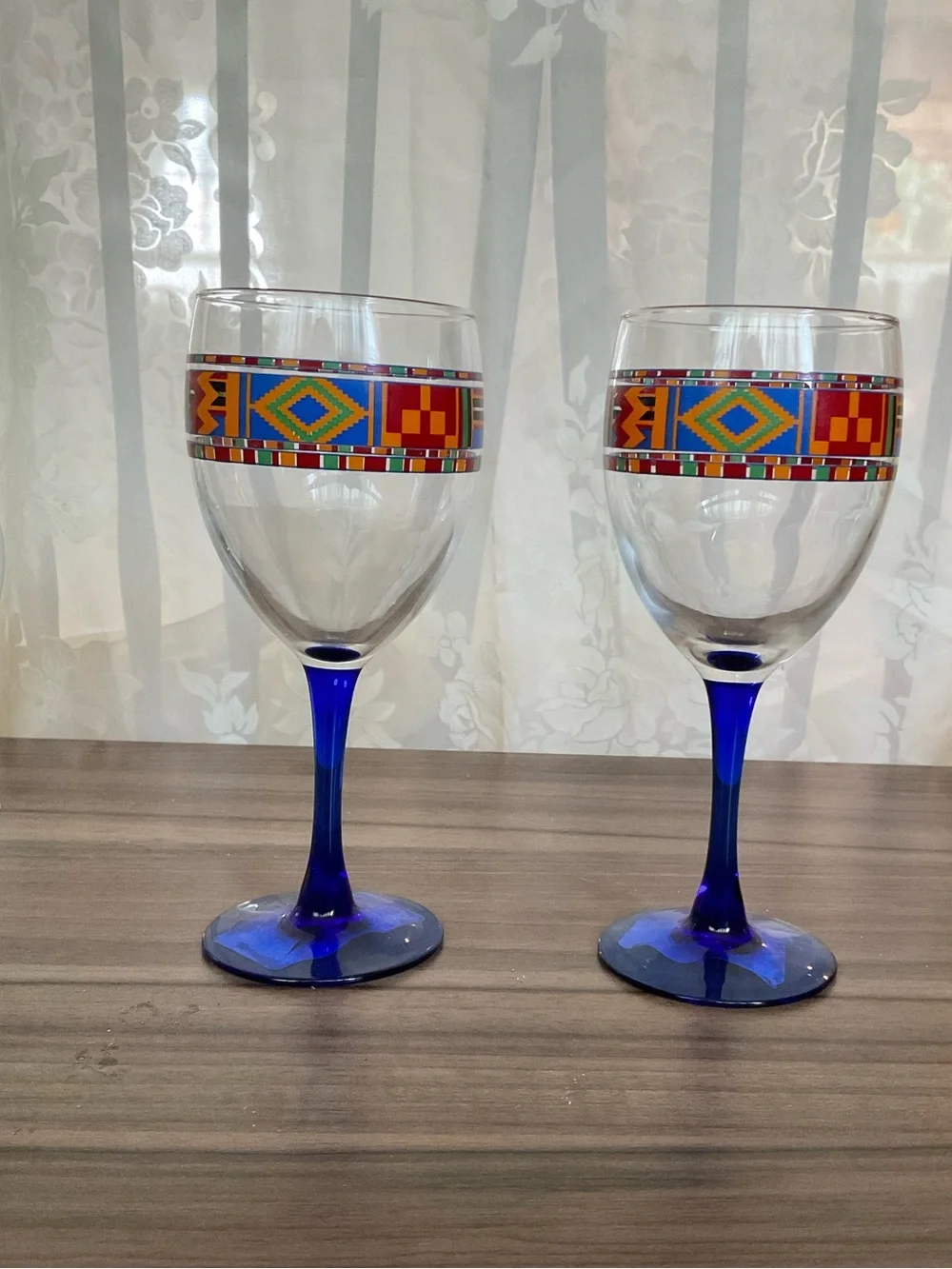 Vintage Avon Kente Water Goblets Cobalt Blue Stem Set of 2 France. Discontinued.
